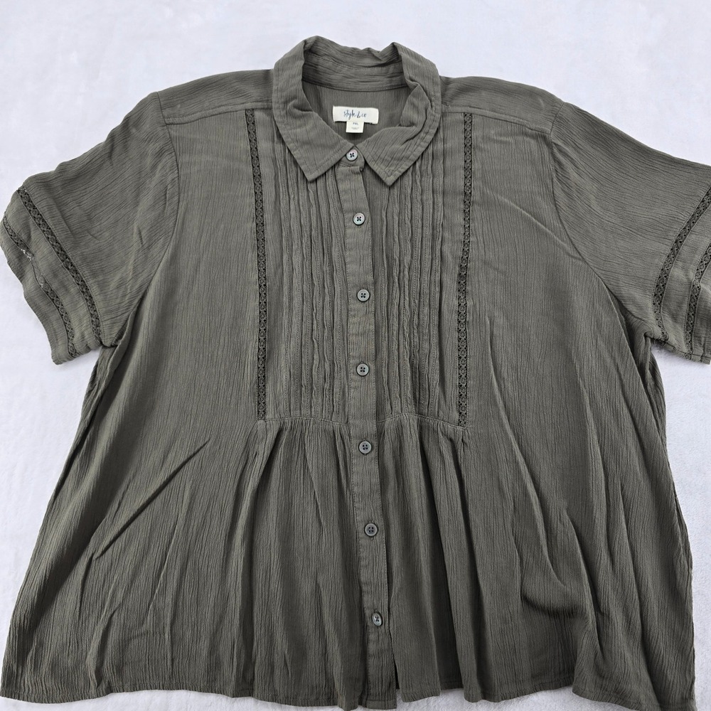 Style & Co Button Front Top Womens PXL Shirt Gray Pintuck Lace Trim Short Sleeve